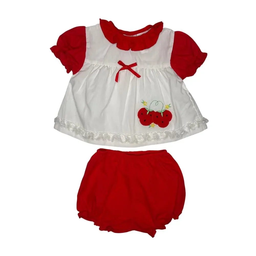 Vintage 1990s Cherry Embroidered Baby Outfit Bloomer Set 6–9M